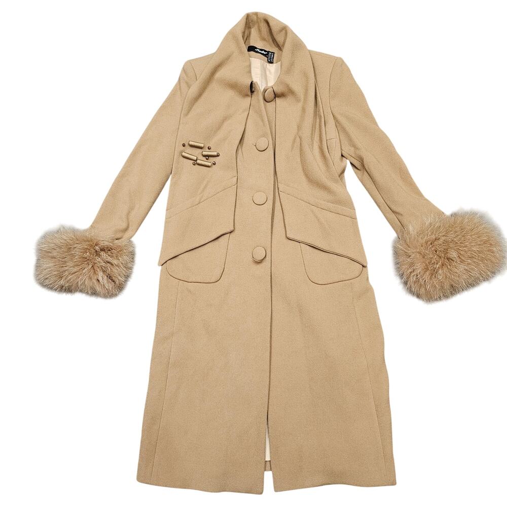 Vintage Badoo Greek Camel Long Coat Faux Fur Cuffs US 8